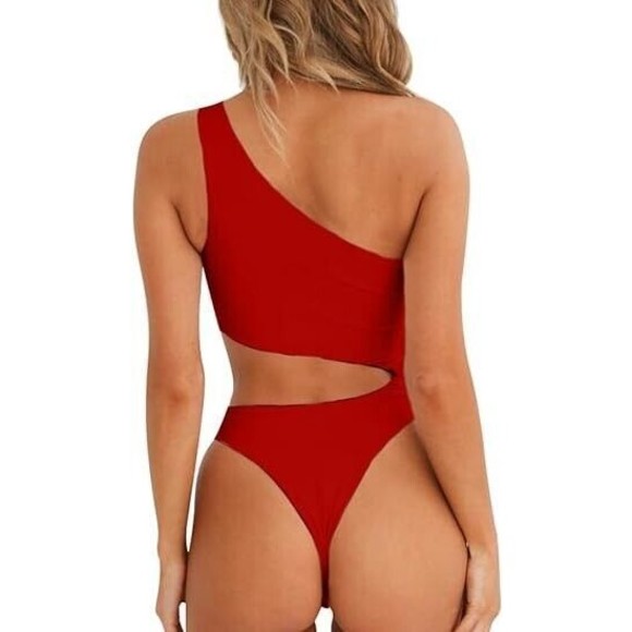 Women's One Piece Swimsuit One Shoulder One Side Cut Outs Red Medium - Picture 3 of 6